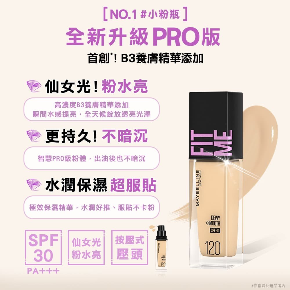媚比琳 FIT ME 水光奇蹟保濕粉底液，展示產品瓶身及其B3養膚成分說明。