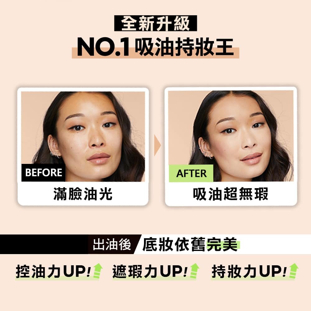 媚比琳無敵特霧超持久粉底液，使用前後肌膚油光對比，顯示控油效果。