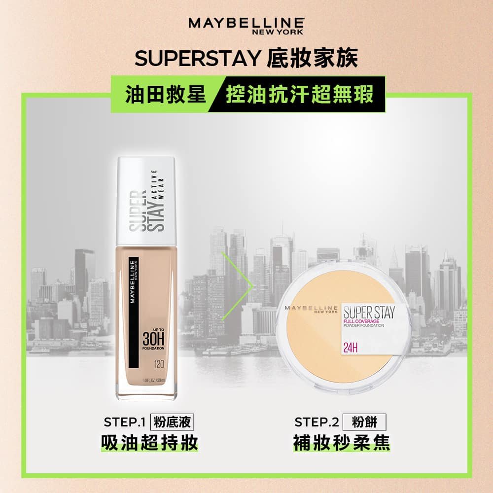 媚比琳無敵特霧超持久粉底液，展示產品搭配使用的步驟與效果。
