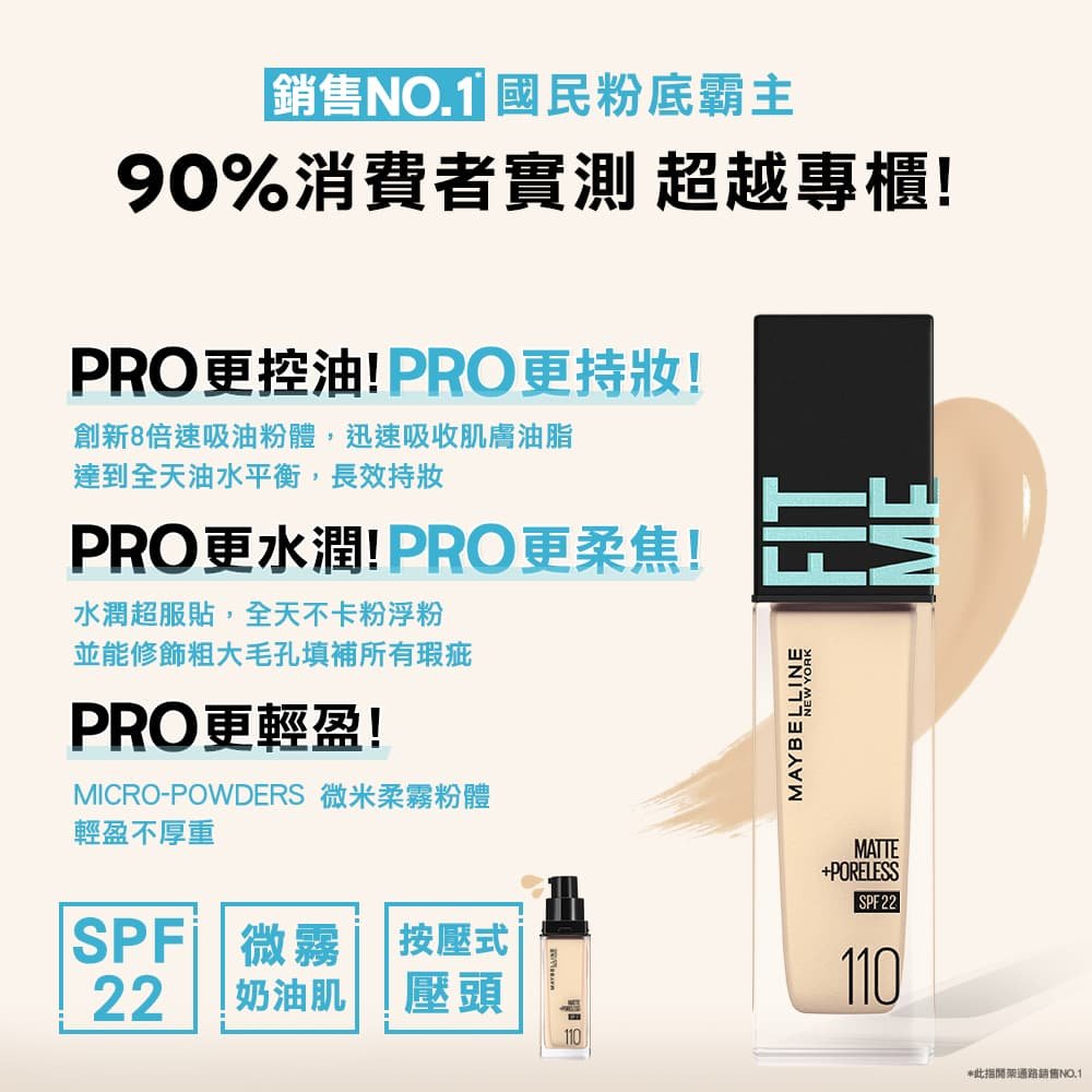 媚比琳 FIT ME 反孔特霧控油粉底液，強調控油與持妝效果的產品功能說明圖。