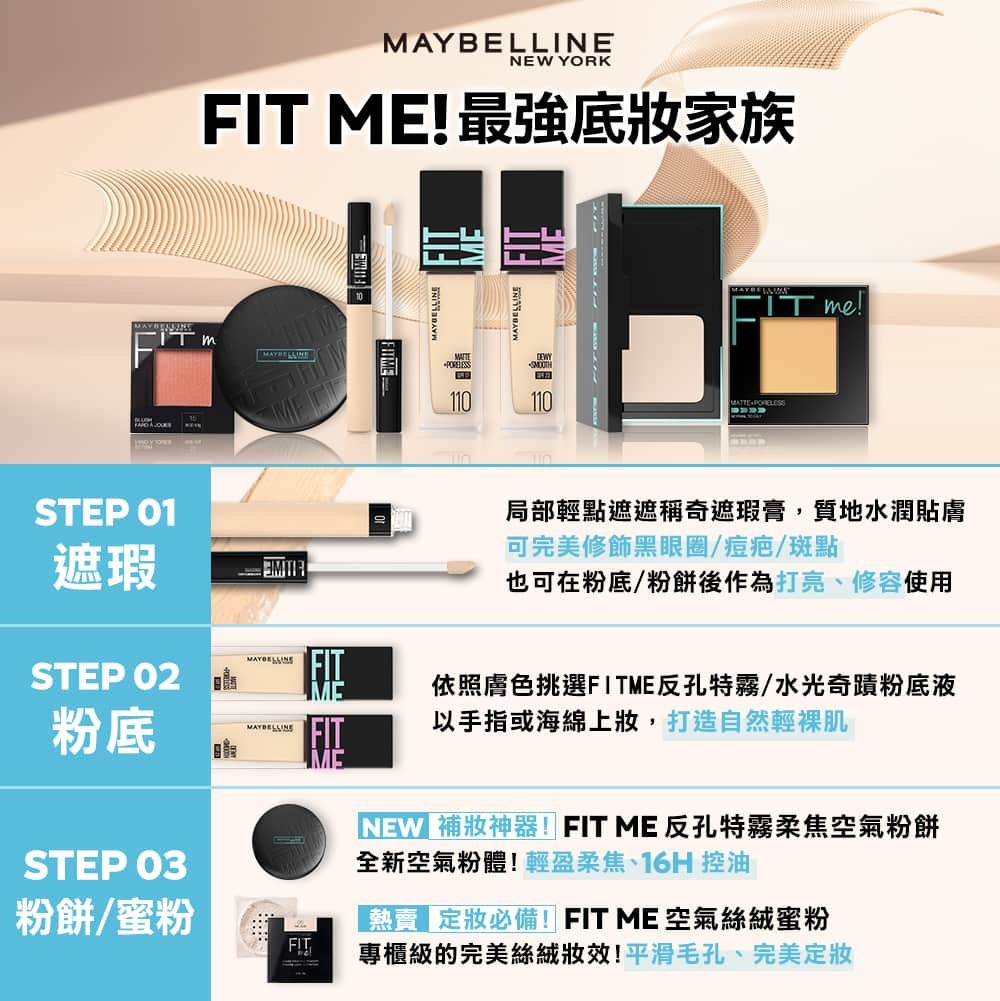 媚比琳 FIT ME 反孔特霧控油粉底液，展示遮瑕、粉底及蜜粉的完整產品陣容與使用步驟。