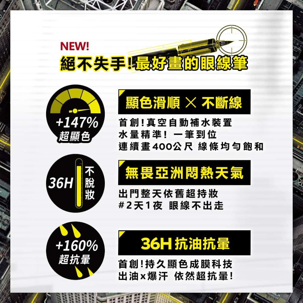 媚比琳36H極限持久激細抗暈眼線液，產品功能與特點的視覺說明圖。