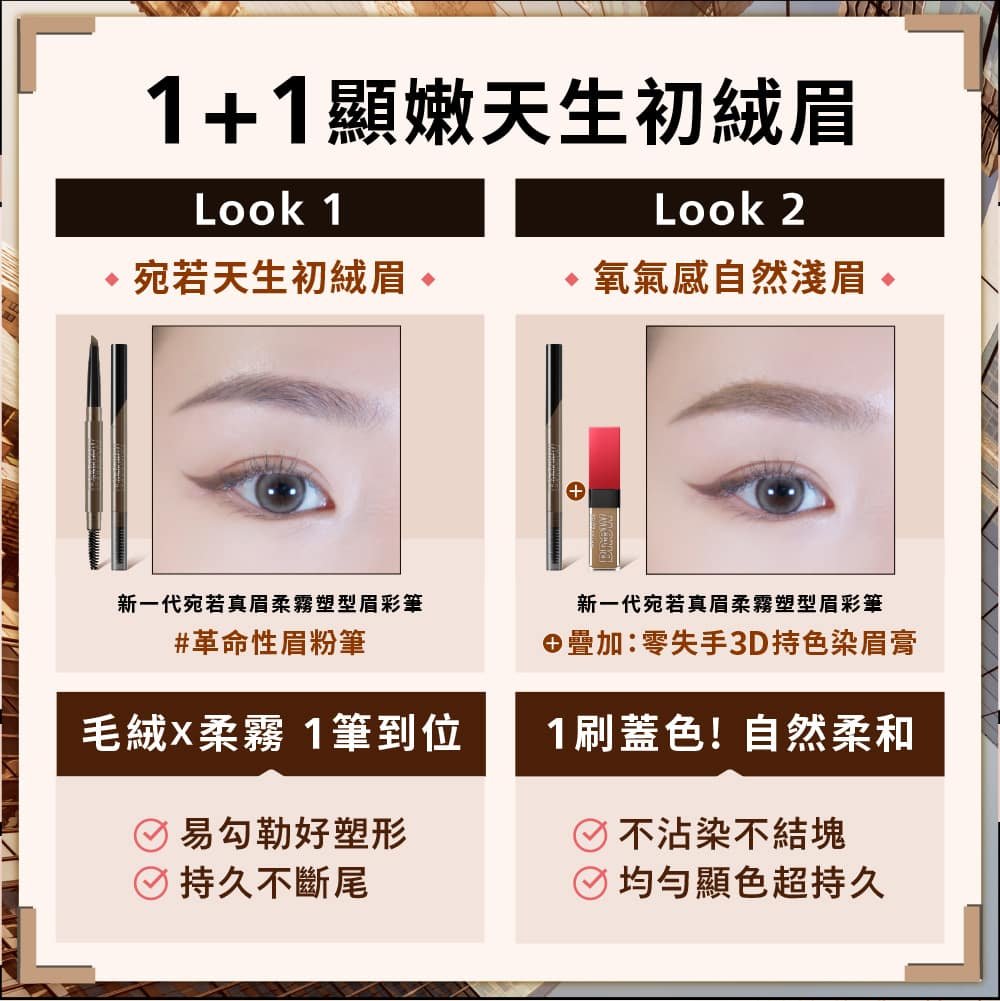 媚比琳零失手3D持色染眉膏，展示兩種不同眉型的使用效果。