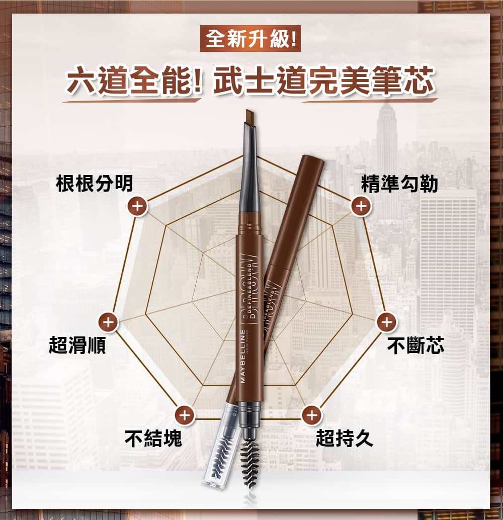 媚比琳武士道塑型眉筆，展示產品功能特性及優勢的圖示。