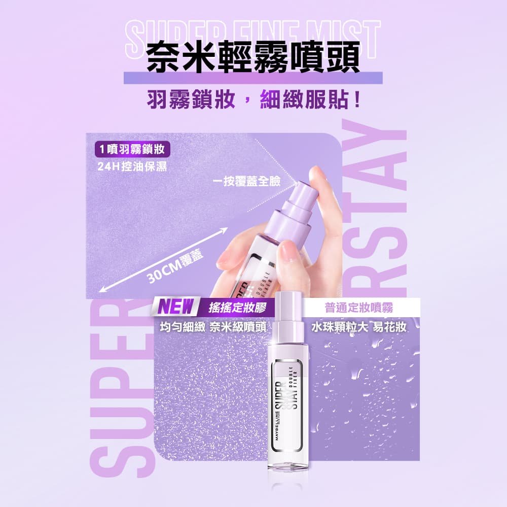 媚比琳超持久極細雙效定妝噴霧，展示手握噴霧瓶的使用方式與噴霧距離。