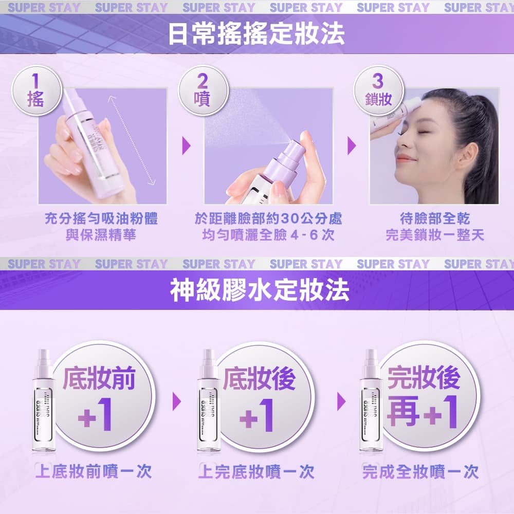 媚比琳超持久極細雙效定妝噴霧,展示產品使用步驟與效果說明。