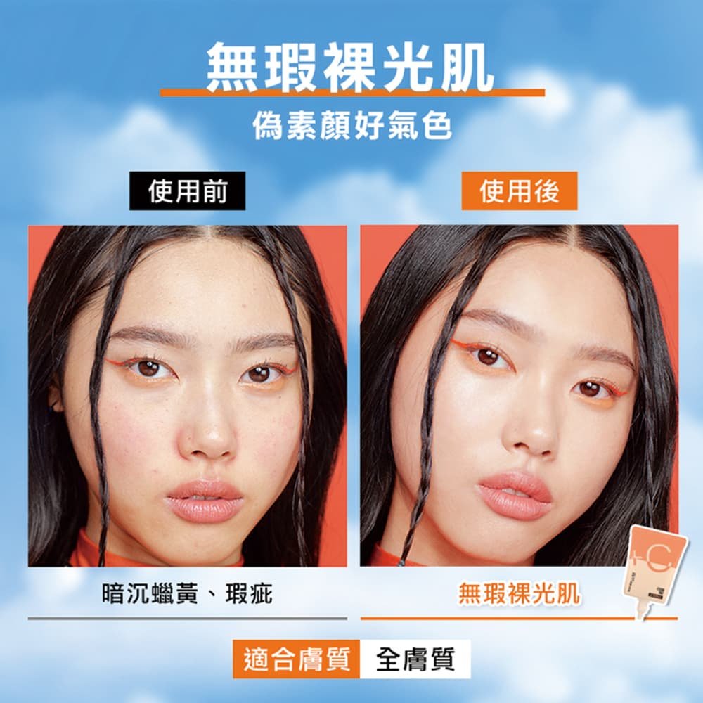 媚比琳 FIT ME 水啵啵裸妝乳，使用前後肌膚光滑度及均勻度對比。