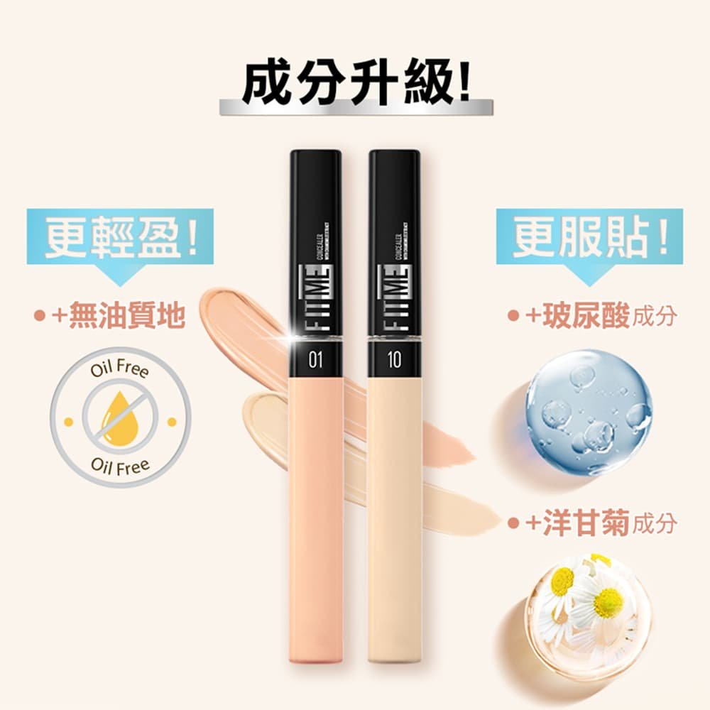 媚比琳 FIT ME 遮遮稱奇遮瑕膏，展示兩款產品及其無油質地與成分說明。