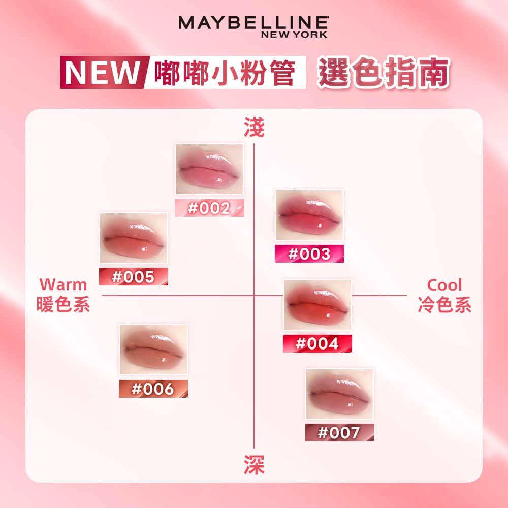 媚比琳水嘟嘟蜜光潤唇膏，顯示不同色系與深淺的唇部色彩樣本。