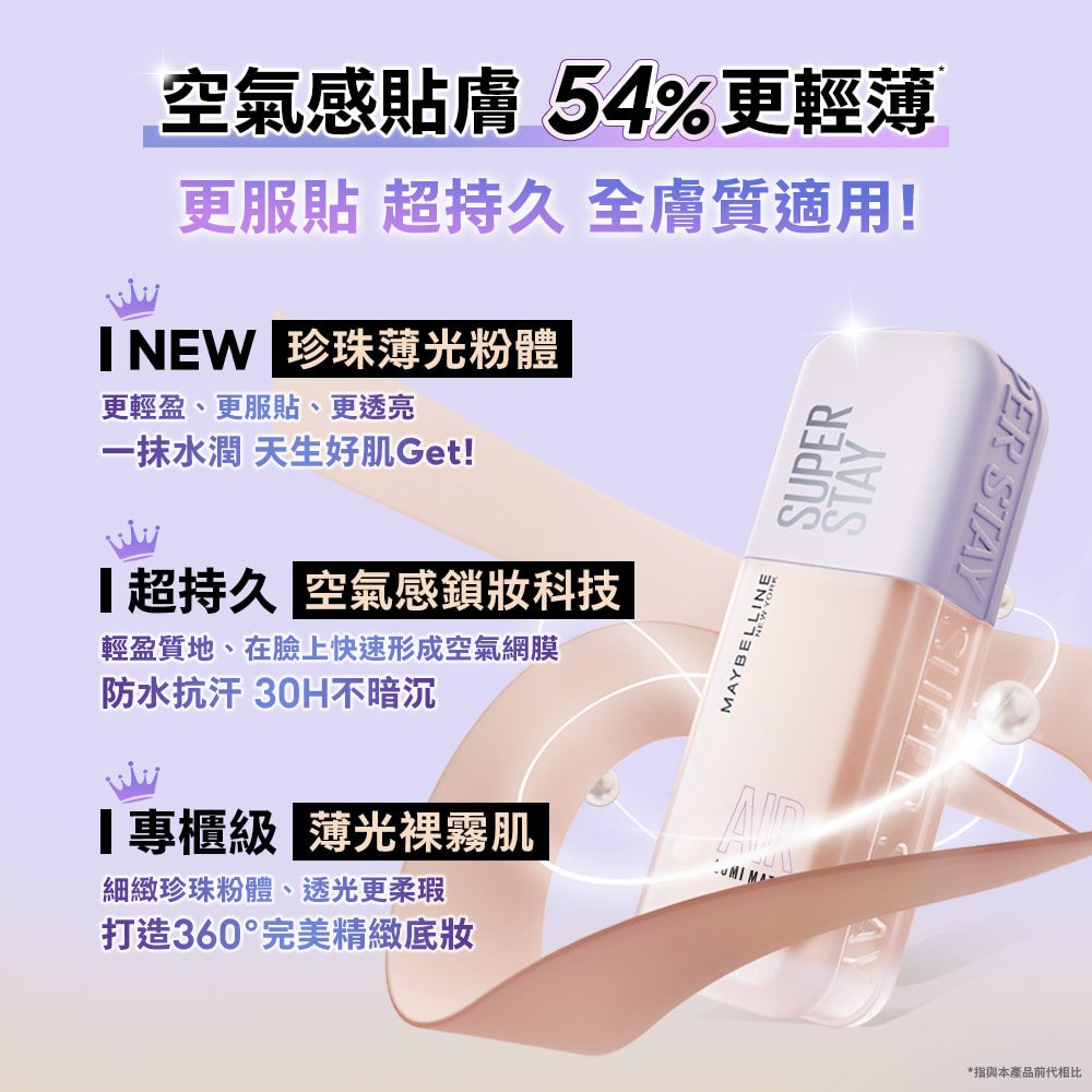 媚比琳小方胖 AIR 裸霧光持久水粉底，產品瓶身與輕盈質感的展示。