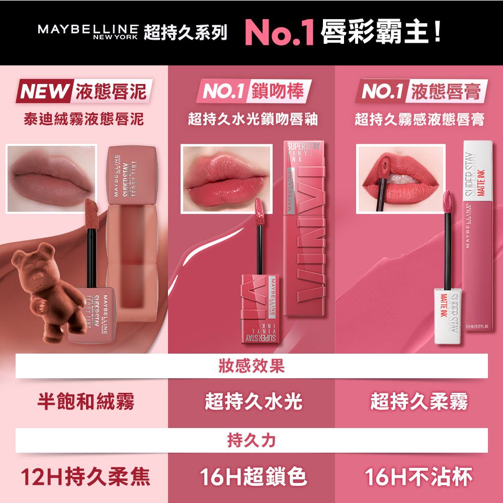 媚比琳泰迪絨霧液態唇泥，展示使用後唇部柔滑且自然的色澤效果。