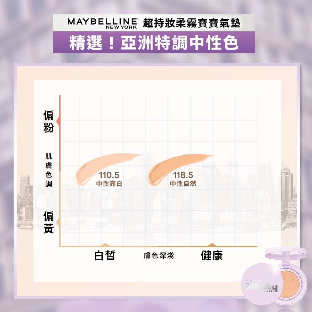 媚比琳超持妝柔霧寶寶氣墊，顯示亞洲特調中性色的色號對比圖。
