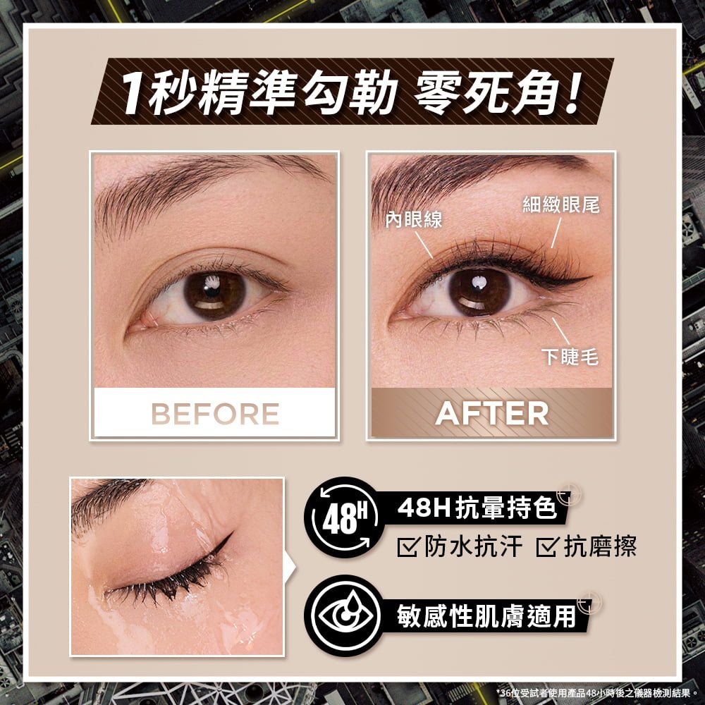 媚比琳神角度眼線液使用前後對比及48H防水抗汗測試