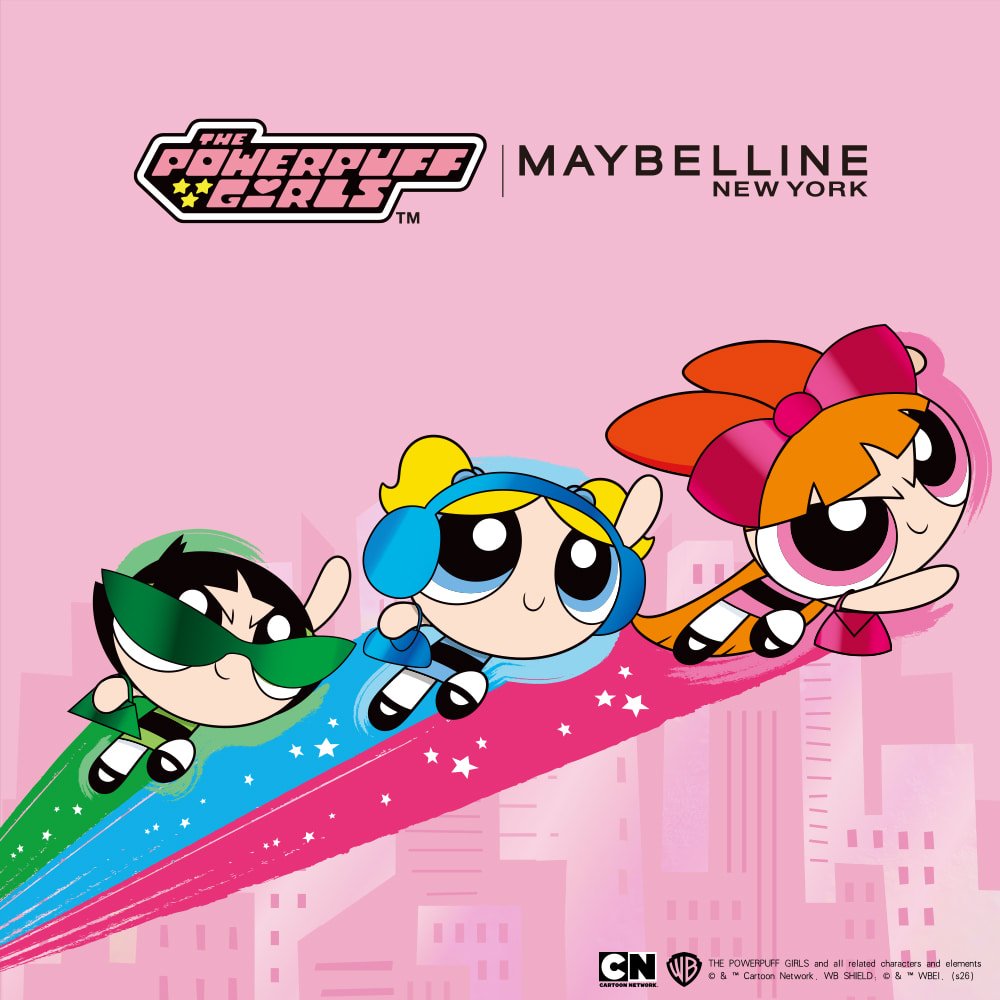 媚比琳 Maybelline x 飛天小女警聯名系列,毛毛、泡泡與花花飛躍粉紅城市背景
